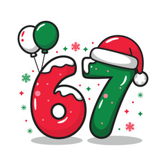 Festive Christmas 6 7 Number with Santa Hat and Balloons