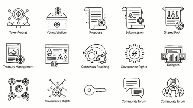 A set of outline icons depicting decentralized autonomous organization (DAO) concepts, including voting, governance, and community engagement in blockchain technology.