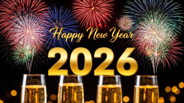Happy new year 2026 with champagne glasses and fireworks celebration