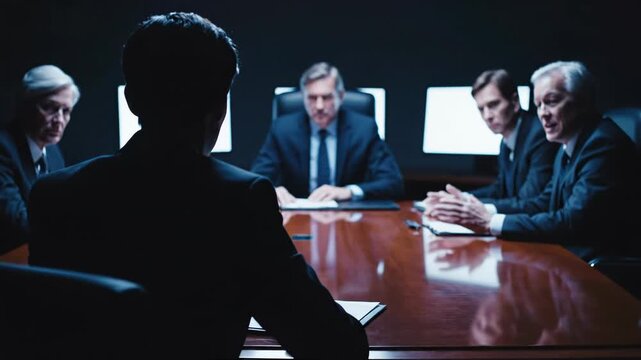 Silhouette of businessman in foreground facing a panel of serious executives in dark room during intense corporate meeting or interrogation