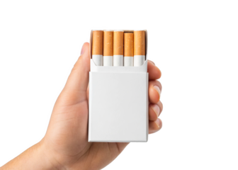 hand holding Cigarette pack isolated on a transparent background.