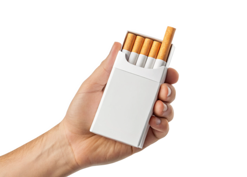 hand holding Cigarette pack isolated on a transparent background.