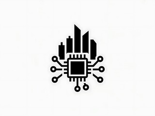 Abstract City Network Icon Featuring Building and Node Designs
