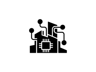 Abstract City Network Icon Featuring Building and Node Designs
