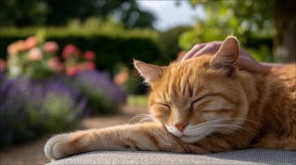 orange tabby sleeping on outdoor bench under morning sun, gentle hand petting forehead, softfocus flowers and grass in background, warm tones conveying intimate pet-owner connection and peaceful pause