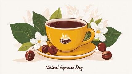 A vibrant illustration celebrating national espresso day featuring a yellow cup of dark espresso surrounded by fresh coffee beans, green leaves, and white blossoms on a light background