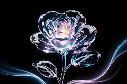 Glistening crystal rose with vibrant light refraction and flowing smoke against black