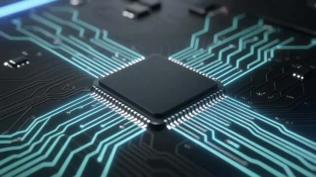 Close-Up of Microchip on Printed Circuit Board with Metallic Pins and Blue-Green Circuit Traces