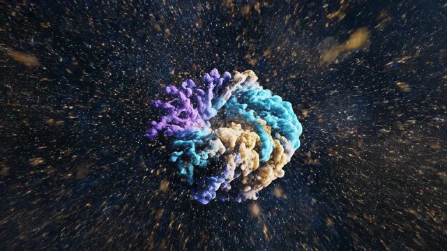 Abstract digital dust particles dissolving and re-forming into a new complex amorphous cloud shape in a continuous, flowing transformation creative, flowing transformation, power