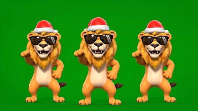 Funny Cartoon Lions Dancing on Green Screen - This video features three cartoon lions wearing Santa hats and sunglasses, dancing against a green screen background.