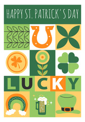 Happy St. Patrick's Day! Modern geometric poster with horseshoe, clover, gold coin, leprechaun hat. Greeting card, invitation template, poster, flyer for Saint Patrick's Day.