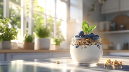 A healthy yogurt parfait layered with granola and fresh blueberries, topped with a mint leaf, sits on a bright kitchen counter near a sunny window