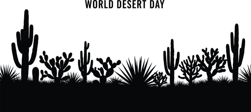 Black and silhouette illustration celebrating world desert day featuring various desert flora like cacti and agave plants against a backdrop - Powered by Adobe