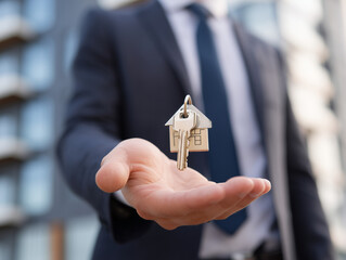 A businessman dressed in a suit presents house keys on his outstretched palm. A real estate agent delivers possession of a property following a successful transaction. 