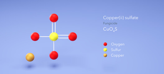 copper(ii) sulfate molecule, molecular structure, fungicide 3d model, Structural Chemical Formula and Atoms with Color Coding