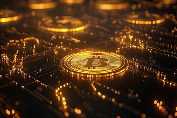 Glowing cryptocurrency coin symbolizing digital wealth blockchain innovation finance investment.