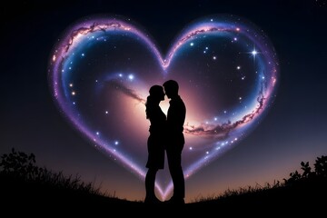 Silhouette couple embracing under a cosmic heart nebula at twilight sky