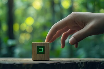 Hand building sustainable digital growth with eco technology wooden blocks.