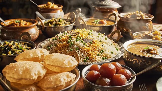 A delicious buffet of traditional Indian dishes like biryani and curries