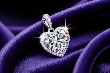 Heart shaped diamond pendant on luxurious purple silk fabric, sparkling with light