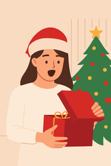 Happy Woman in Santa Hat Opening Red Gift Box in Festive Living Room — Vector Illustration