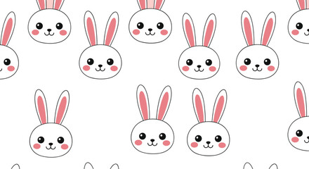 Cute seamless vector pattern featuring adorable kawaii bunny faces with pink ears and rosy cheeks, ideal for children's designs, Easter backgrounds, and charming baby textile prints