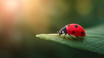 Fototapeta premium A close-up of a ladybug perched on a green leaf under soft sunlight.