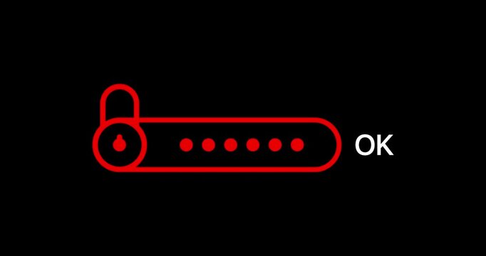 Secure password entry with padlock icon and OK confirmation. Wrong password Animation. This graphic represents a secure password field with an OK button, perfect for digital security concepts
