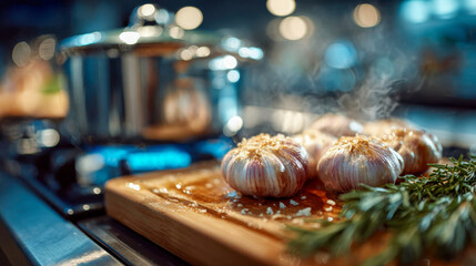 Hot roasted garlic bulbs steaming on a wooden cutting board beside fresh rosemary in a warm kitchen setting