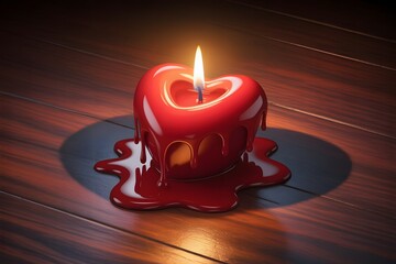 Melting heart candle with flame burning brightly on a wooden surface