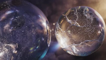 Abstract slow motion movement of multiple large translucent gelatinous spheres slowly floating and drifting through deep atmospheric haze organic, underwater feeling, minimal