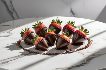 Decadent chocolate-dipped strawberries arranged on a marble surface with cocoa dust