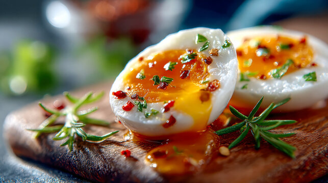 Soft-boiled egg with flowing yolk, garnished with herbs and salt on a wooden board - Powered by Adobe