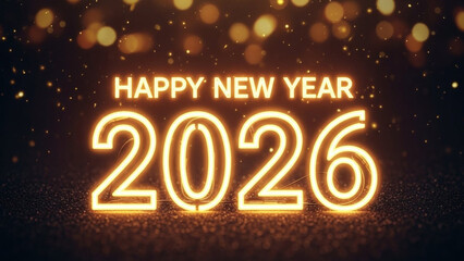 Happy new year 2026 glowing neon text with bokeh lights