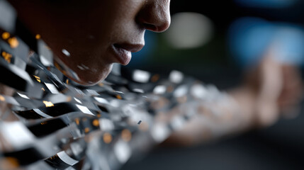 A detailed view of a human form emitting metallic shreds, reflecting themes of dispersal and the blend of human essence with advanced technology, evoking curiosity and inspiration.