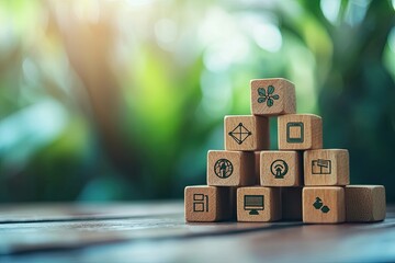 Hand building sustainable digital growth with eco technology wooden blocks.