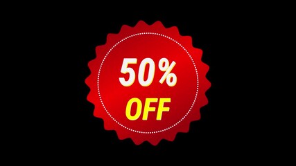 A vibrant red starburst seal advertising a 50% off discount video, isolated on a solid black background. Icon motiongraphic transparent video - Powered by Adobe