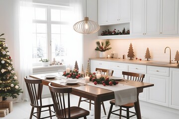 Cozy dining room decorated for christmas with a festive table setting and tree