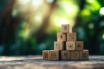 Hand building sustainable digital growth with eco technology wooden blocks.