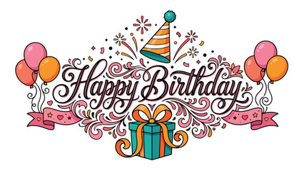 Colorful Happy Birthday Illustration with Balloons and Gift Box.