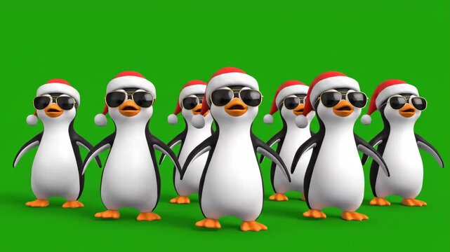 Cartoon Penguins Dancing in Santa Hats - Several 3D cartoon penguins wearing Santa hats and sunglasses waddle and dance against a green screen background.