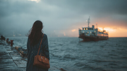 A lonely figure standing on a pier watching a ship sail into the distance during a dramatic, cloudy evening or morning. The image conveys themes of farewell, travel, loneliness, contemplation