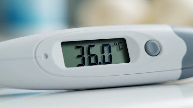 Digital thermometer showing 36&deg;C, indicating body temperature