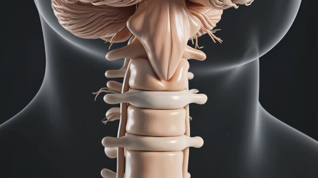 A medically accurate view of the brainstem connected to the spinal cord, highlighting the medulla, pons, and midbrain