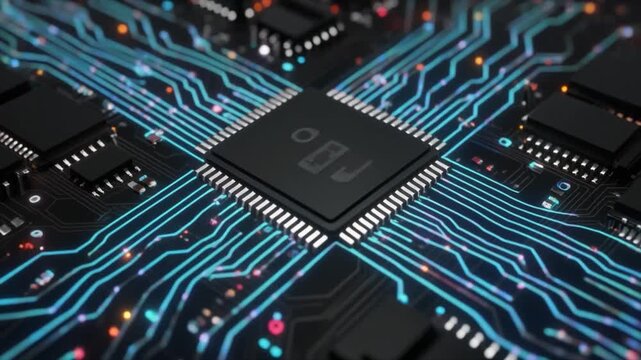 Close-up of a Central Processing Unit CPU on a Circuit Board with Glowing Blue Traces processor microchip
