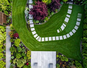 Aerial view of a meticulously designed backyard garden with modern landscaping