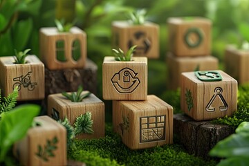Hand building sustainable digital growth with eco technology wooden blocks.