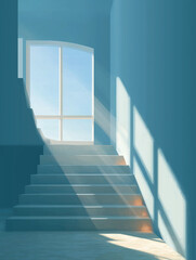 Fototapeta premium Ascending to the Light: A sunlit staircase leading to a bright, open window, casting shadows and inviting upward movement. This image depicts a sense of hope and progress.