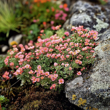 Saxifraga rockfoil blooms vibrantly among rocky terrain, delicate pink flowers that add charm to natural landscape. This scene captures beauty of alpine flora