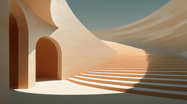 Modern Architectural Journey: A mesmerizing spiral staircase bathed in soft sunlight, leading through a minimalist architectural marvel, offering a sense of calm and a journey through space.